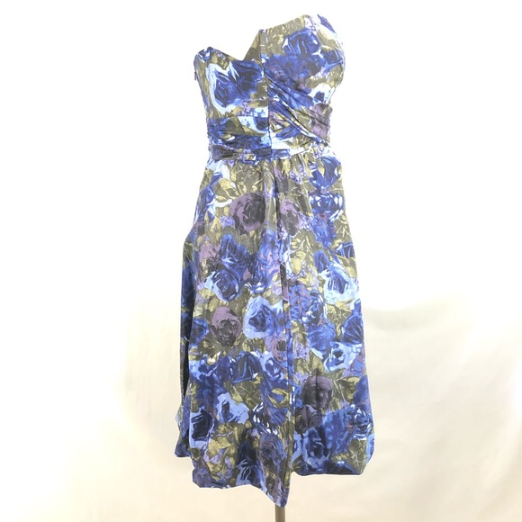 Donna Ricco Strapless Dress Blue Floral Silk Sz 4 A-line Tea length - Picture 7 of 13